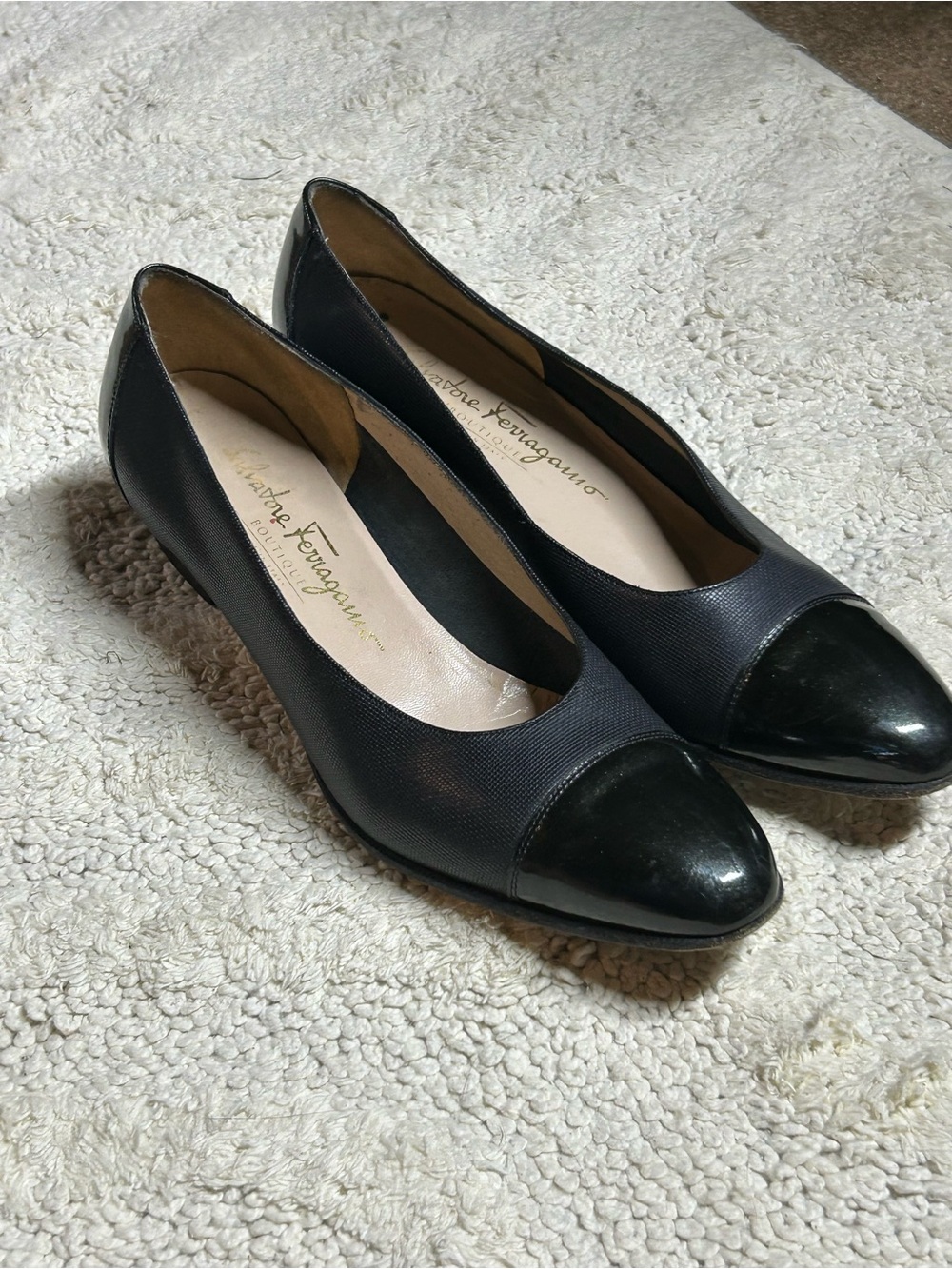 Salvatore Ferragamo Black Cap-Toe Low Heel Pumps 7.5